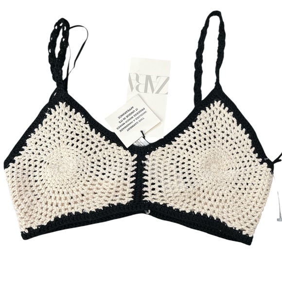 Zara Crocheted Bohemian Boho Bralette black and Ivory Size Large Nwt - Picture 14 of 15